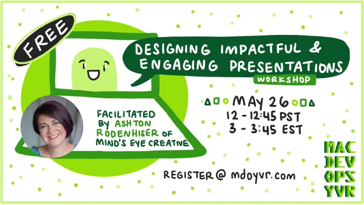 MindsEyeCCF's tweet image. 📣 Come join me and @MacDevOpsYVR for a free lunch and learn “Designing impactful and engaging presentations” on Thursday May 26th at 12pm Pacific.  
Its going to be fun!!
#LunchAndLearn #MacDevopsYVR #Presentations #GraphicRecording