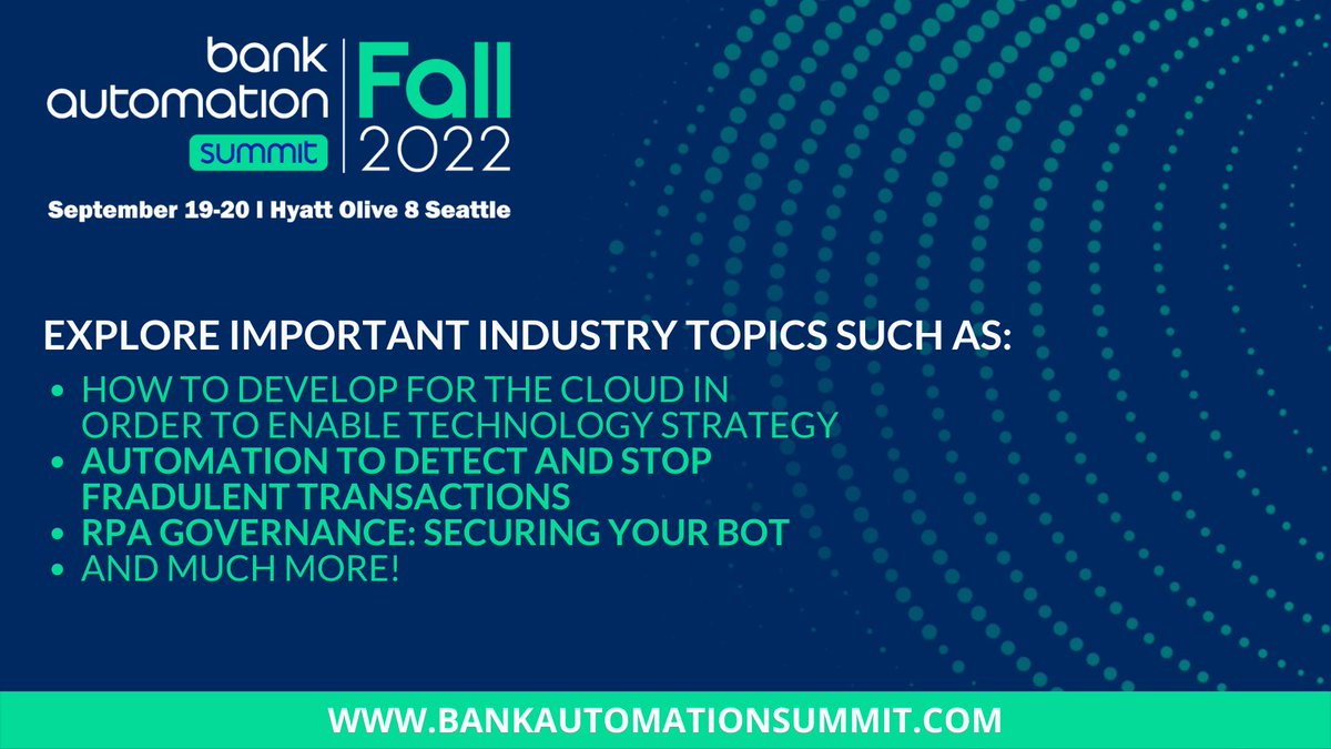 FinAi_News's tweet photo. The Bank Automation Summit Fall 2022 agenda will cover topics such as facilitating citizen developers in banking, automation to detect and stop fraudulent transactions, new frontiers in open banking, and much more. View agenda: https://t.co/xoYyOpjdnE #BASUMMIT22 https://t.co/OcyVakoluc