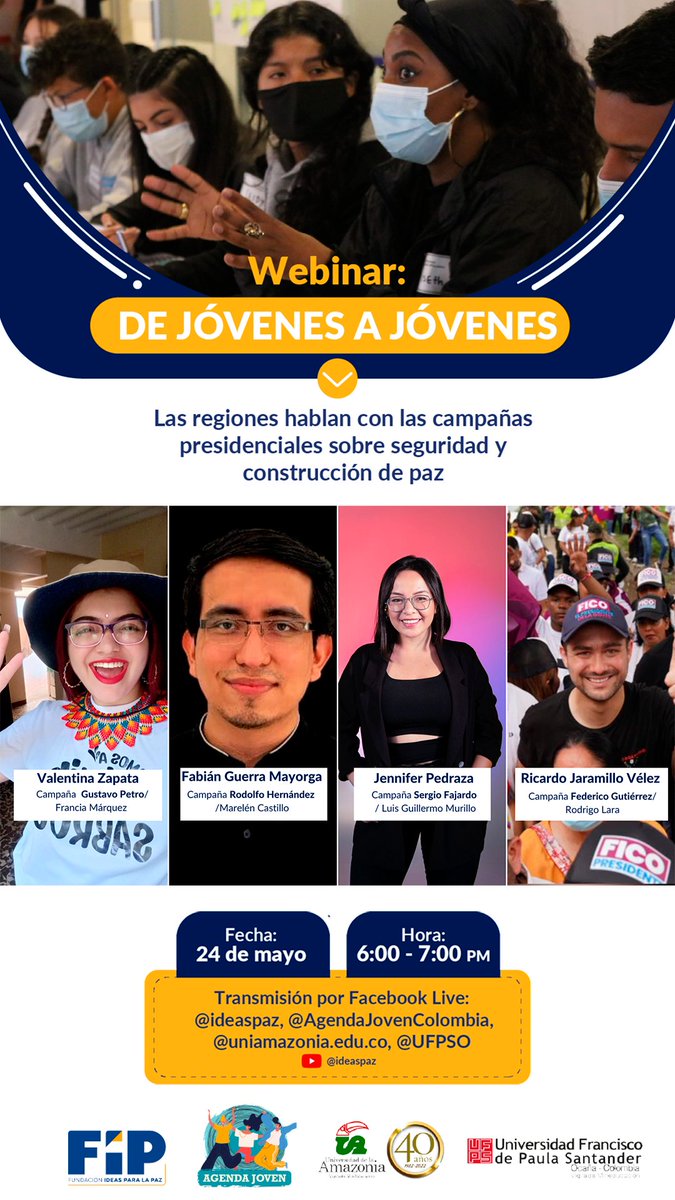 ideaspaz's tweet photo. #JóvenesXjóvenes| ¡HOY! Hablaremos de paz y seguridad desde toda 🇨🇴.  

Jóvenes de diferentes regiones estarán con las campañas de @FicoGutierrez, @petrogustavo, @ingrodolfohdez y @sergio_fajardo

⏰ 6:00 pm
📹 Facebook/Youtube: @ideaspaz https://t.co/LhwhCFMFcd