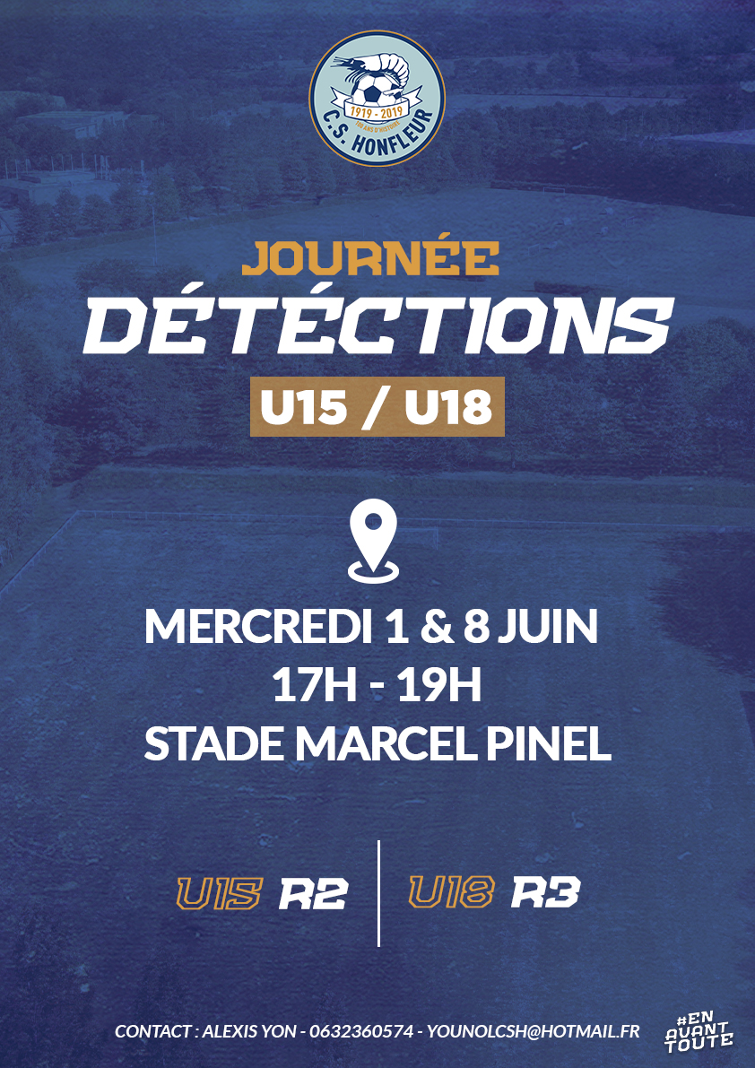 CSHonfleur's tweet photo. 🔎 DÉTÉCTIONS 𝐔𝟏𝟓 / 𝐔𝟏𝟖 

Le @CSHonfleur organise deux journées de détections catégorie 𝐔𝟏𝟓 et 𝐔𝟏𝟖. 

📆 Le mercredi 1 et 8 Juin de 17h à 19h 
📍 Au Stade Marcel Pinel à Honfleur 

🕵️‍♂️ Venez nombreux ! 

#EnAvantToute 🔵⚪️ https://t.co/9SnPtff7FT