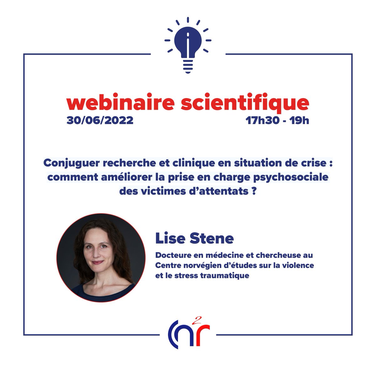 📢 Que peut faire le monde de la recherche après un attentat terroriste ? Inscrivez vous à notre 1er webinaire scientifique le 30/06 : bit.ly/3GevpbV
Notre invité, Lise Stene, chercheuse au <a href="/NKVTS/">NKVTS</a>, nous présentera les travaux de son équipe suite à l'attentat d'Utøya.