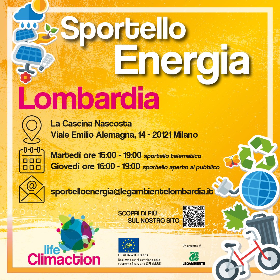 l_climaction's tweet photo. 📌 Gli esperti di @LegambienteLomb vi aspettano allo sportello energia per rendervi protagonisti attivi della #transizioneenergetica
🌳 il #clima non può aspettare, partecipa anche tu alla sfida #climaction @LIFEprogramme @Legambiente @y_meroz https://t.co/3J7Cj6bNVD
