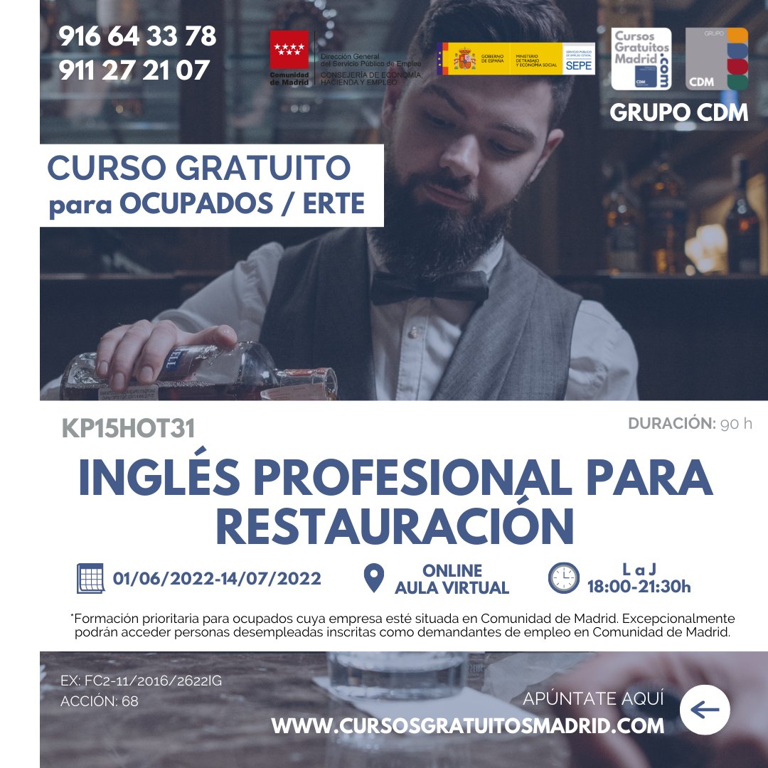 madrid_cursos's tweet photo. Ábrete a nuevos proyectos profesionales. Con nuestro curso de INGLÉS PROFESIONAL PARA RESTAURACIÓN 🤵 aprenderás el idioma para atender en el idioma más hablado por los turistas 💪

Apúntate ya y aumenta tus posibilidades de ser contratado en hostelería 👇
https://t.co/DDmASdELpS https://t.co/tt6WlQNPJ3
