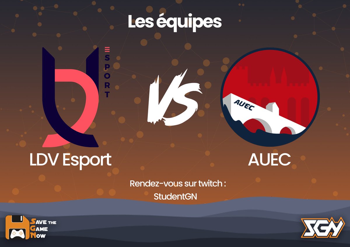 Après l’annonce des jeux, nous vous présentons officiellement nos deux premières équipes venant relever le défi du SGNow! 
AUEC et LdV Esport rejoignent officiellement la compétition, venez les soutenir et restez connecté pour connaître nos deux derniers rivaux !
