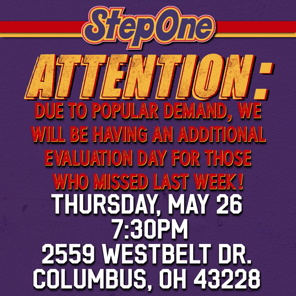 🗣ATTENTION: Step 1 Allstars will be offering an additional night of evaluations for those who missed last week. Join us this Thursday @ 7:30pm! Email info@step1allstars.com for more information. 💜❤️💛