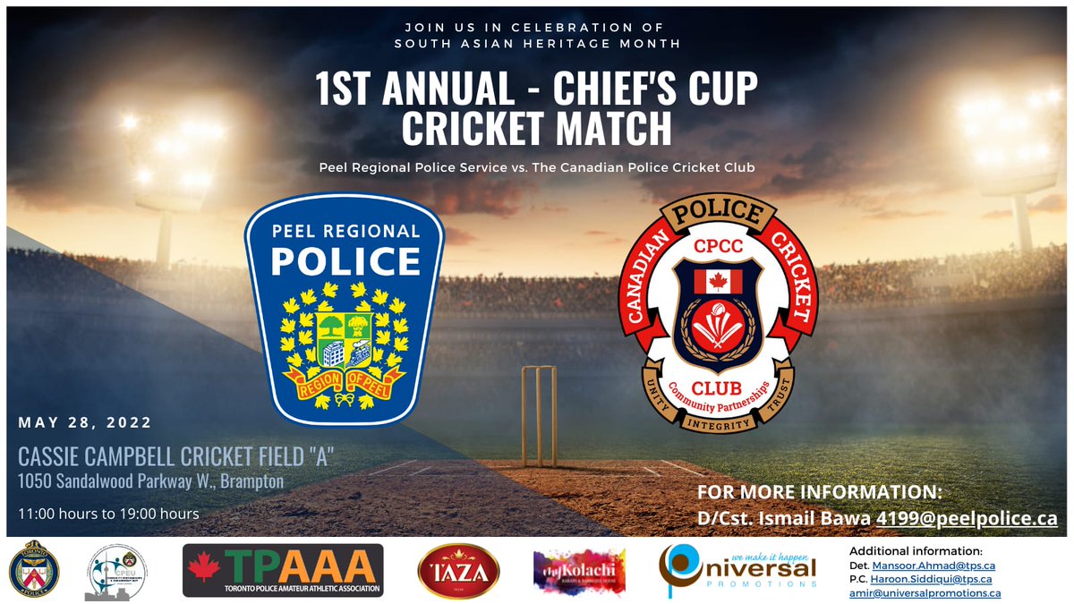 This Saturday we are attending and Celebrating South Asian Heritage Month #Cricket Event in #Brampton. <a href="/PeelPolice/">Peel Regional Police</a> will Host and Play against the <a href="/cpcchq/">canadianpolicecricketclub</a>.Our own MCCC Liaison <a href="/officertdot/">Haroon Siddiqui</a> will be one of the MCs for the event. Who do you got winning this match?