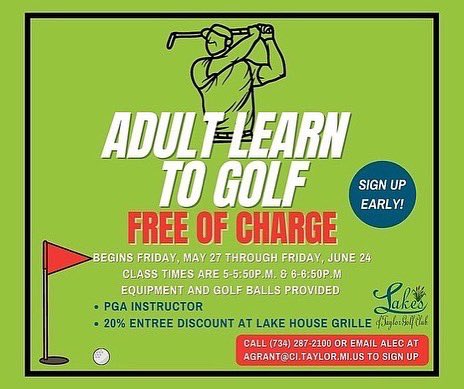 LakesofTaylor's tweet photo. Just a few spots left in the 5-5:50 time slot! FREE Adult Learn to Golf Program @LakesofTaylor ⛳️  Starts this Friday! Includes a 20% entree discount, at the Lake House Bar and Grille https://t.co/dpFPFiMyCr