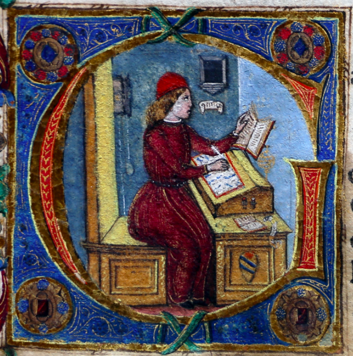 samfjf's tweet photo. A c15 mapmaker at work inside an initial G, filling in the world according to a description in the text he is reading, with a weight-driven clock on the wall behind him and an armillary sphere at his side

From a ms version of Berlinghieri's Geographia (1482)
#Maps #Renaissance https://t.co/Takgo5QMu8