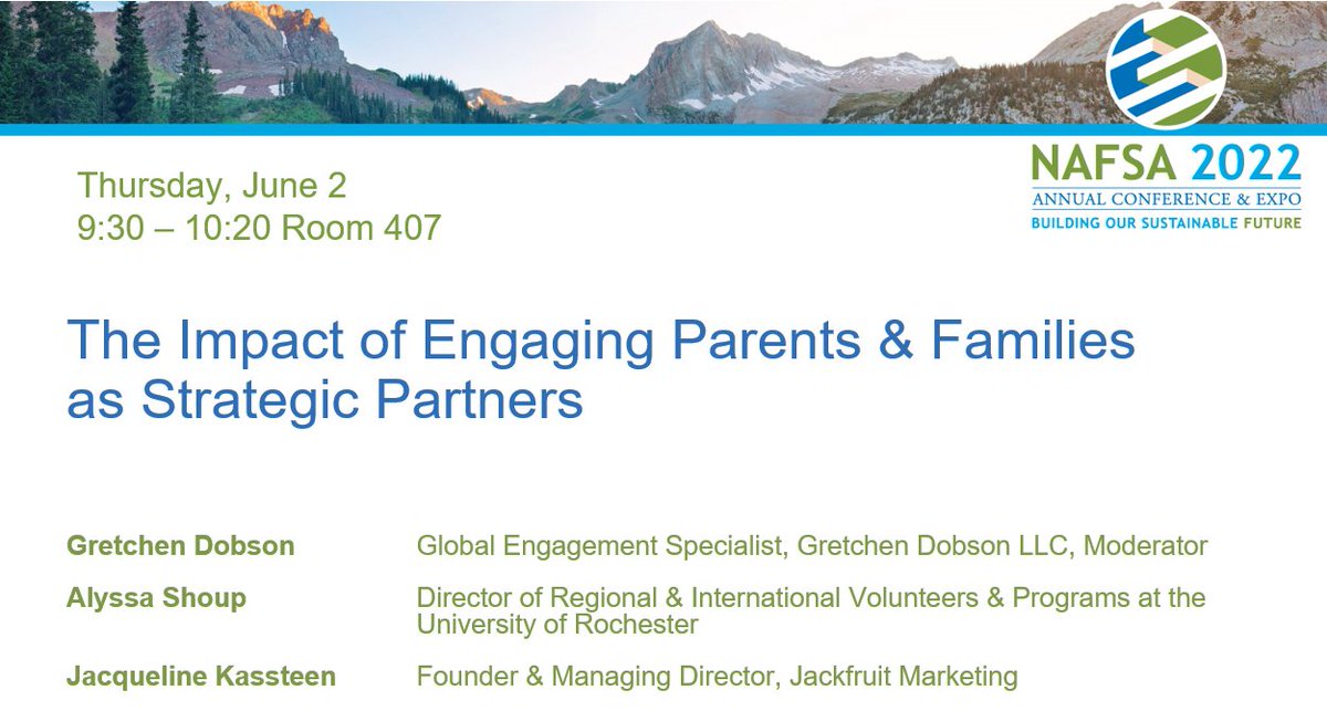 Attending #NAFSA2022? Catch our session "The Impact of Engaging Parents &amp; Families as Strategic Partners" on Thurs, June 2 at 9:30am in Room 407. Facilitated discussions will help you find ways to develop internal partnerships to manage family volunteers abroad. #ambassadors