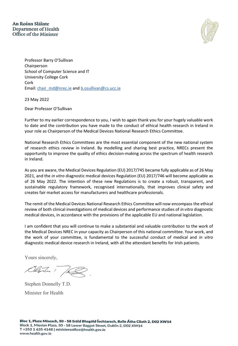 Prof. Barry O'Sullivan, MRIA (@barryosullivan) on Twitter photo Great thanks to the Minister for Health, @DonnellyStephen TD, for his very nice letter and for his continued support in my role as chair of the National Research Ethics Committee for Medical Devices, which now also covers in vitro diagnostic medical devices. <a href="/NREC_Office/">National Office for Research Ethics Committees</a> Great thanks to the Minister for Health, @DonnellyStephen TD, for his very nice letter and for his continued support in my role as chair of the National Research Ethics Committee for Medical Devices, which now also covers in vitro diagnostic medical devices. <a href="/NREC_Office/">National Office for Research Ethics Committees</a>