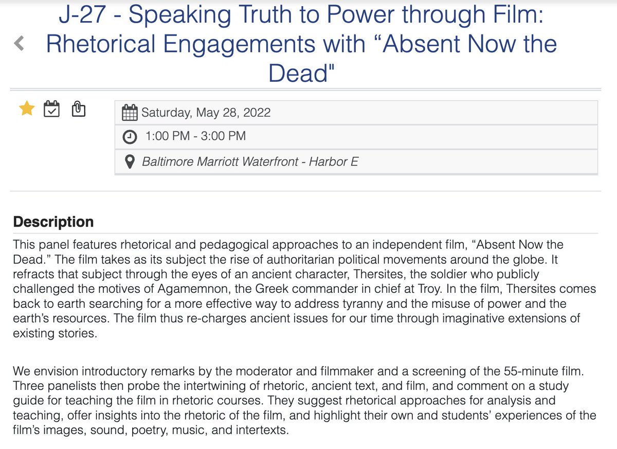 dblakesley's tweet photo. @rhetsoc Meet Hamilton Sterling, director of Absent Now the Dead, at this panel, which includes a screening of the 55-minute film. With Ellen Quandahl, Susan Jarrett, Glen McClish, and @dblakesley.

https://t.co/blAP0zdL7H https://t.co/i3rlzW4Eum