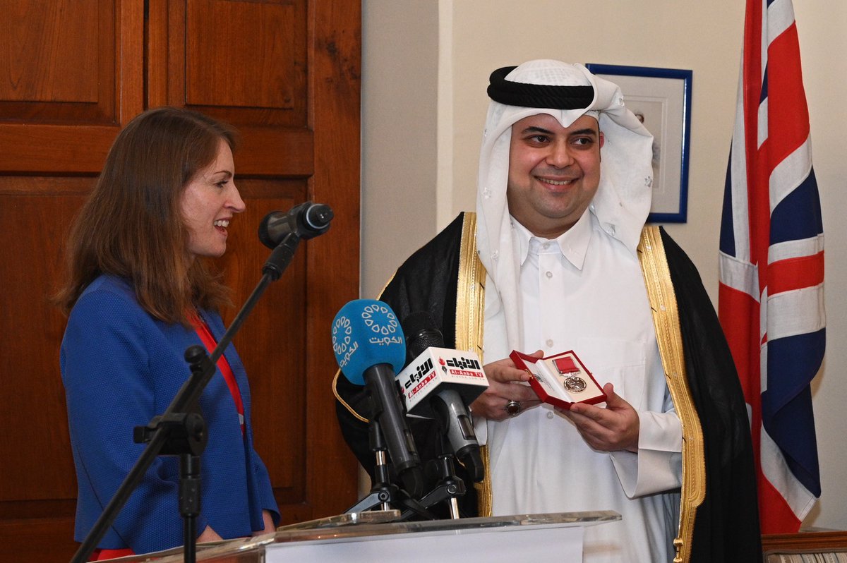 EssaDashti's tweet photo. Queen Elizabeth II honored me
With British Empire Medal (BEM) for my service to the UK/Kuwait relations, and I was awarded on behalf H.M the Queen by H.E Mrs. Belinda Lewis The British Ambassador to Kuwait on 23 May 2022 @ukinkuwait @FCDOArabic @RoyalFamily @Belinda_Lewis1 https://t.co/S4qSyUfCvm