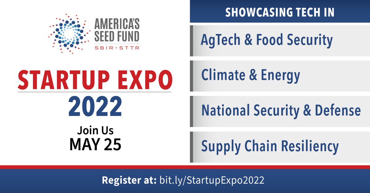 SBA Atlantic Region (@sbaatlantic) on Twitter photo TOMORROW, 12:30pm ET
.<a href="/sbirgov/">America's Seed Fund</a>'s Startup Expo! This free, virtual event features innovative ventures from 12 entrepreneurs and speakers from #climate & #energy, #agtech & #foodsecurity, #supplychain resiliency, and #nationalsecurity & #defense.
ow.ly/UAaW50JfV1L TOMORROW, 12:30pm ET
.<a href="/sbirgov/">America's Seed Fund</a>'s Startup Expo! This free, virtual event features innovative ventures from 12 entrepreneurs and speakers from #climate & #energy, #agtech & #foodsecurity, #supplychain resiliency, and #nationalsecurity & #defense.
ow.ly/UAaW50JfV1L
