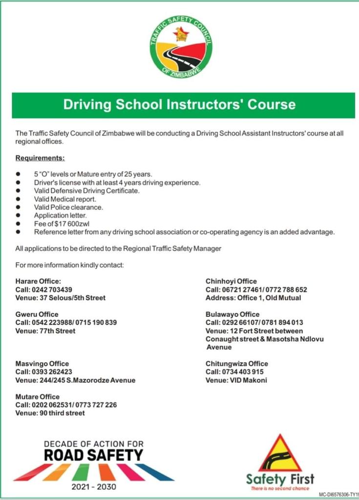 tscz1's tweet photo. The Traffic Safety Council of Zimbabwe will be conducting a Driving School Assistant Instructor's Course at all regional offices, those interested please apply. https://t.co/81bmW8NB0b