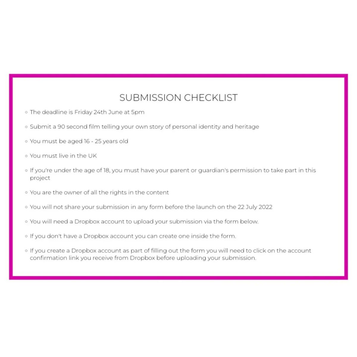 create_studios's tweet image. 📹SUBMIT A SHORT 90 SECOND FILM TELLING YOUR OWN STORY OF PERSONAL IDENTITY AND HERITAGE
Express yourself through dance, song, the spoken word, or tell your story straight to camera. It’s your story to tell so use your 90 seconds however you’d like.
◽️
@bfi
#makingmymark #Submit