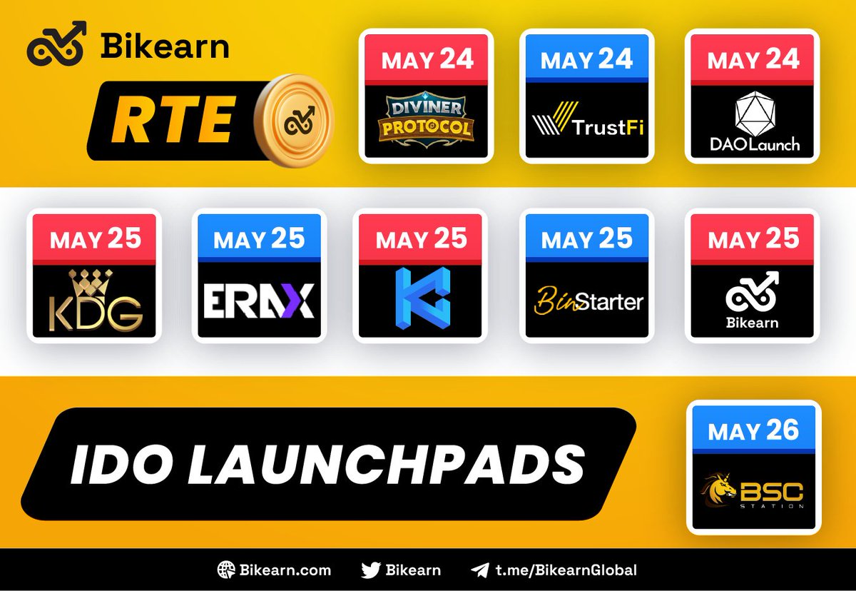 bikearn's tweet photo. 🗓 BIKEARN IDO TIMELINE 🗓

We are honored to cooperate with many famous Launchpads, including Diviner Protocol, DAO Launch, KDG, ERAX, KOM, BinStarter, BSC Station to conduct IDO Bikearn 💪

📌 Mark your calendar and keep follow us for the latest news! 🚀🚀🚀 https://t.co/MMzQuE2Tqj