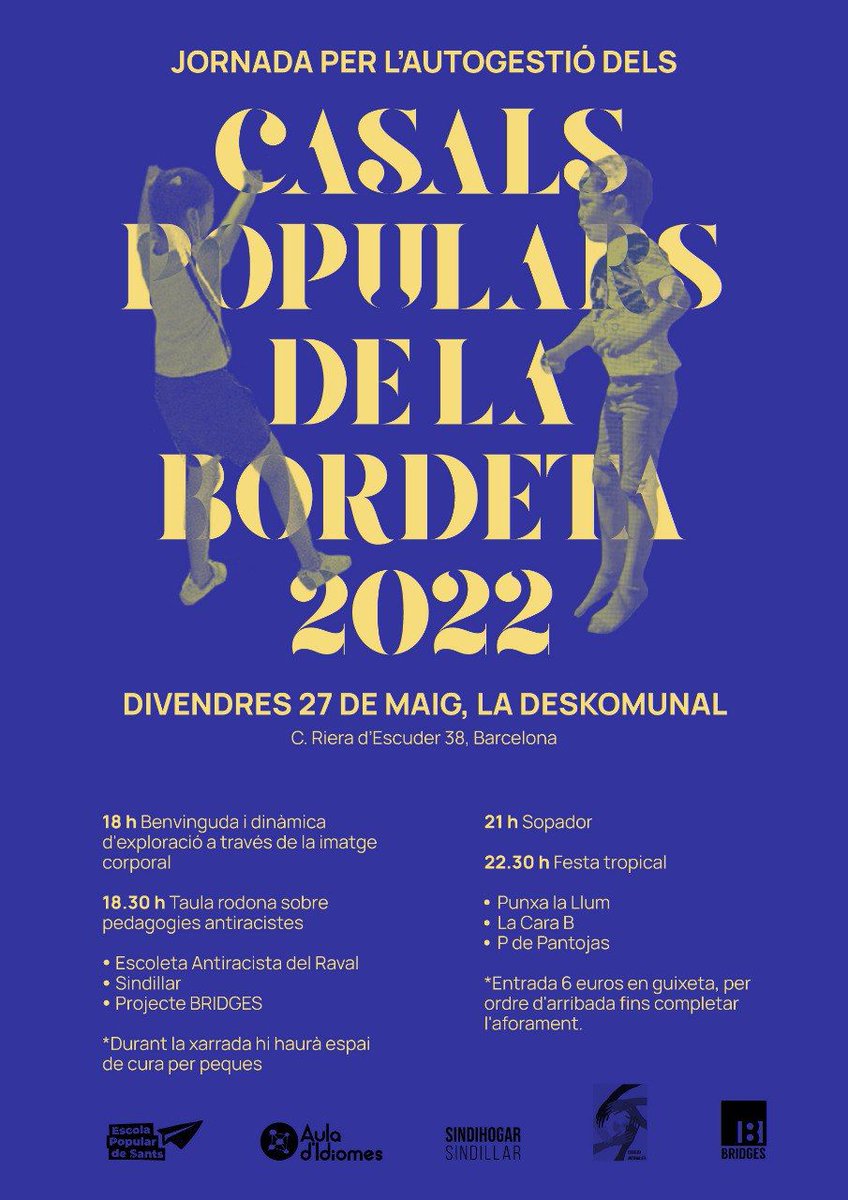 Divendres 27 l'<a href="/AuladIdiomes/">Aula d'idiomes</a> i l'<a href="/escolabordeta/">Escola Popular de Sants</a> organitzen una xerrada i festa per l'autogestió dels Casals Populars d'estiu! 🍉

A les 22h: Festa tropikal amb Punxa la Llum, la Cara B i PD Pantojas a La Deskomunal!🍍

🎫Preu 6€ (en efectiu i l’accés serà per ordre d’arribada)