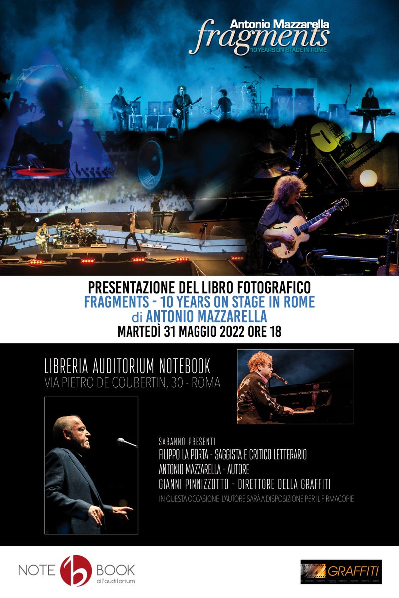 Martedì 31 maggio alle ore 18.00 presso la Libreria Auditorium Notebook (Via Pietro de Coubertin, 30 - Roma) sarà presentato il nuovo libro fotografico edito dalla Graffiti “FRAGMENTS / 10 YEARS ON STAGE IN ROME" di Antonio Mazzarella. Firma copie.