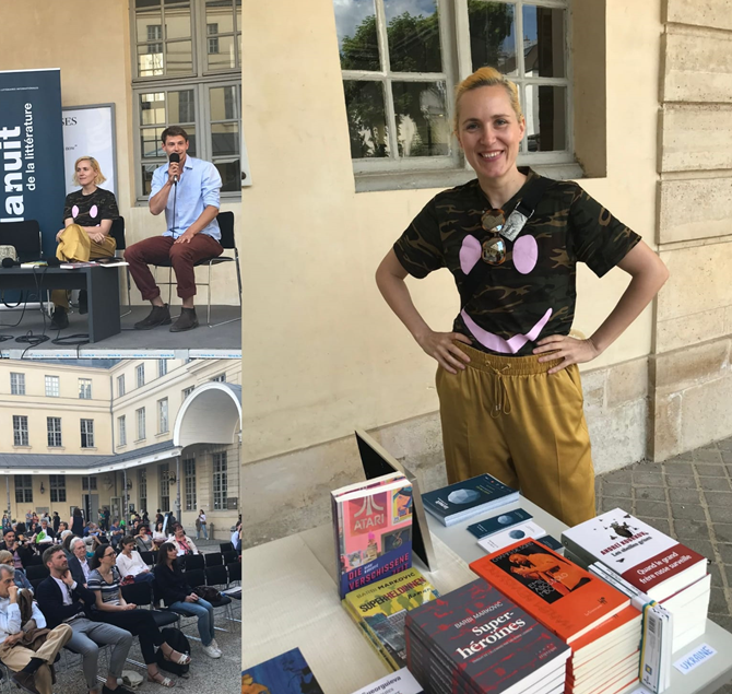 acfparis's tweet photo. L'autrice autrichienne @barbimarkovic  a présenté son ouvrage "Superhéroïne" avec l'acteur franco-allemand Clément Boecher, samedi dernier,  lors de la #nuitdelalittérature ⭐️📚 organisée par le Forum des Instituts Culturels Étrangers à Paris ( @FicepParis  ) 
au @cc_irlandais https://t.co/MAupG64bV7