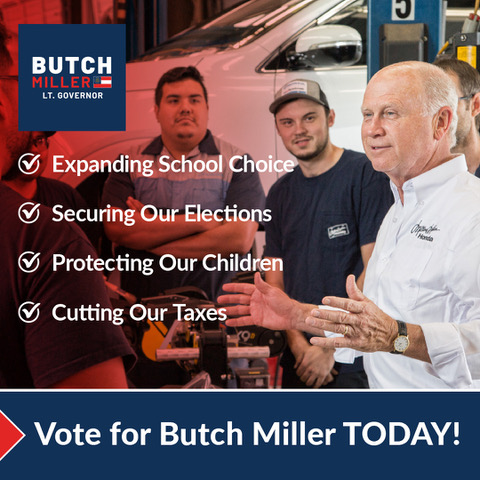 🚨🚨VOTE TODAY 🚨🚨 I'm Butch Miller & I'm asking for your vote for Lieutenant Governor TODAY. Polls are open until 7pm! ✅ Support school choice ✅ Secure our elections ✅ Protect girls sports ✅ Eliminate state income tax