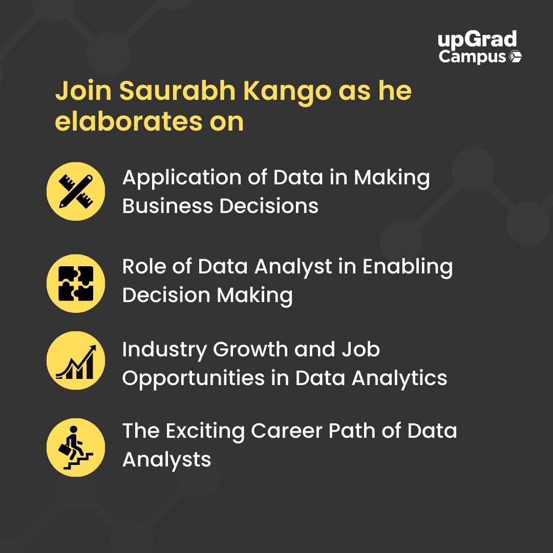 upgradcampus's tweet photo. A free-for-all #masterclass with LinkedIn's own Analyst, Saurabh Kango, as he talks in detail about the role of a Data Analyst, the industry, jobs, and what's in store for the future.

Join us on May 25, 2022, at 6 PM sharp.
Register Now: https://t.co/deKgA38uj5

#upGradCampus https://t.co/Dm4SFA4qLN