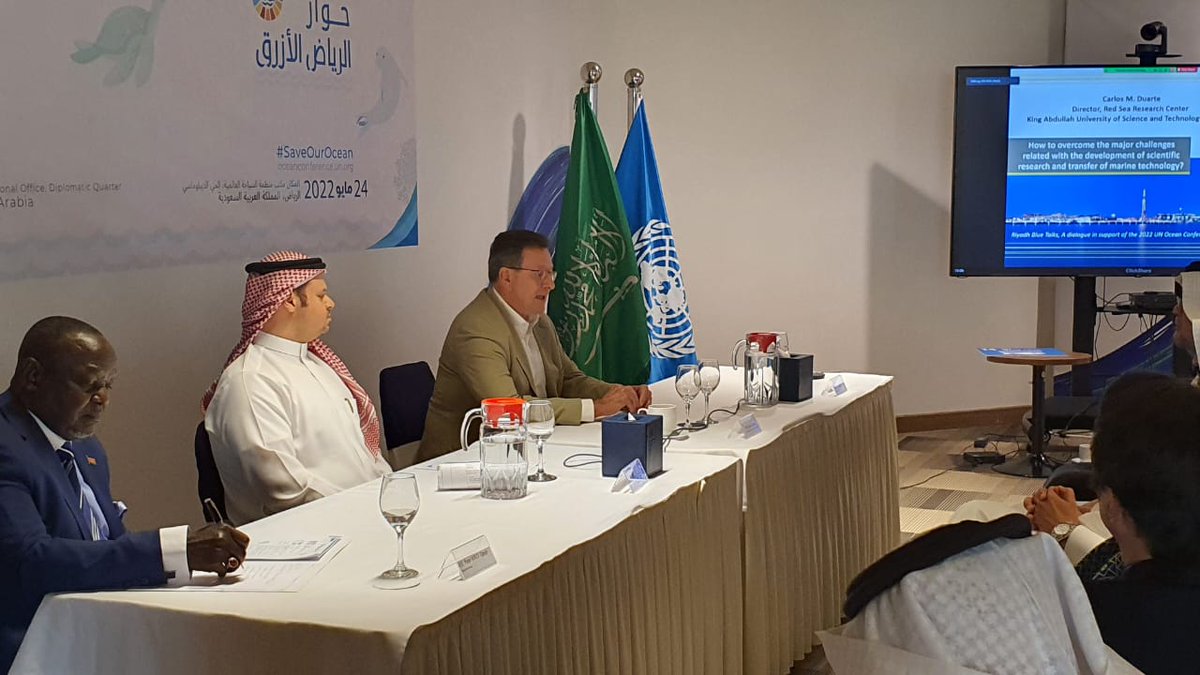 UN_SaudiArabia's tweet photo. Second panel discussion of #RiyadhBlueTalk has started on “Increasing scientific knowledge and developing research capacity and transfer of marine technology” moderated by Amb. Peter Ogego
& featuring speakers Dr. #KhaledEsfahani Dr. #SamPurkis Prof. #CarlosDuarte https://t.co/rL58VcFr4C