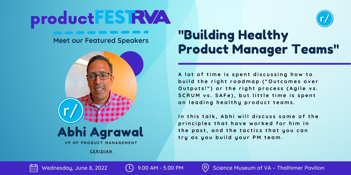 We're looking forward to seeing Abhi Agrawal at #ProductFestRVA in a few weeks! Abhi is the VP of Product Management at <a href="/Ceridian/">Ceridian</a> and will be sharing tips on building healthy #productmanager teams. Register 👉 bit.ly/3MA8g60

<a href="/rvatechcouncil/">rvatech/</a>