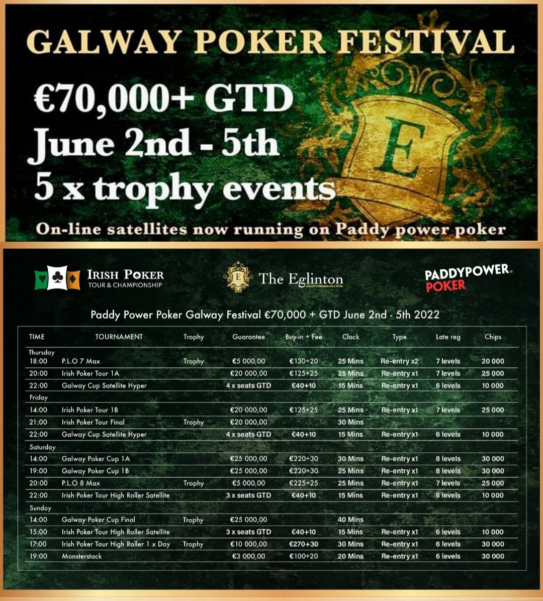 Irish Poker Tour (@irishpokertour) on Twitter photo โฌ70,000+ Guaranteed
Irish Poker Tour Galway Poker Festival - <a href="/TheEglinton/">The Eglinton</a>
June 2nd - 5th
An awesome weekend of great poker & craic
Qualify Now on <a href="/paddypowerpoker/">Paddy Power Poker</a>
#Poker #IrishPokerTour #PPIPT #LivePoker #PaddyPowerPoker #IrishPoker #Galway #Ireland #TheRoadToGalway โฌ70,000+ Guaranteed
Irish Poker Tour Galway Poker Festival - <a href="/TheEglinton/">The Eglinton</a>
June 2nd - 5th
An awesome weekend of great poker & craic
Qualify Now on <a href="/paddypowerpoker/">Paddy Power Poker</a>
#Poker #IrishPokerTour #PPIPT #LivePoker #PaddyPowerPoker #IrishPoker #Galway #Ireland #TheRoadToGalway