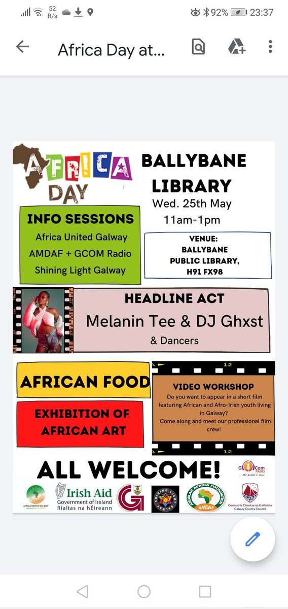 At the @Ballybanelib tomorrow celebrating #AfricaDay2022 This is gonna be great! @LibrariesGalway @GalwayCityCo @GalwayCoCo @ZsGala @GCCNInfo @MeganFlynnDixon @GocomRadio @AmdafIreland @ARDcentre @CentraDoughiska @CollegeMerlin @GccFurtherEd @RenmoreParish @GalwayIntercult