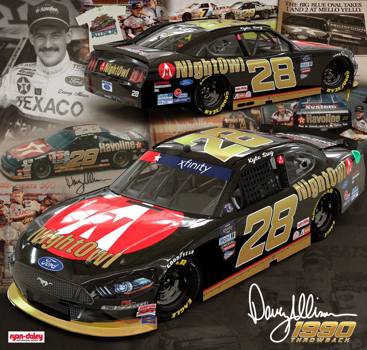 ryandaleydesign's tweet photo. Really excited to release this, the 1990 Davey Allison throwback that will be running this weekend. Wanted to do this car justice and it turned out so good! Along with Night Owl, all RSS partners have throwback logos on the car, matching the original ‘90 logo locations. https://t.co/P4kflPz3IL