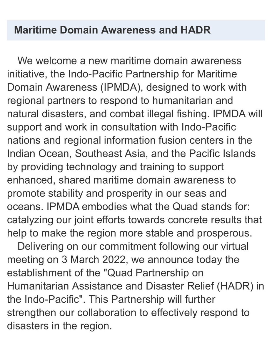 dperi84's tweet image. Thread: #Quad Joint Leaders’ Statement: announce #IndoPacific Maritime Domain Awareness #IPMDA which will build faster, wider more accurate picture of “near-real-time activities in partners waters.”
On terrorism, mention of 26/11 Mumbai &amp;amp; Pathankot attacks
mofa.go.jp/fp/nsp/page1e_…