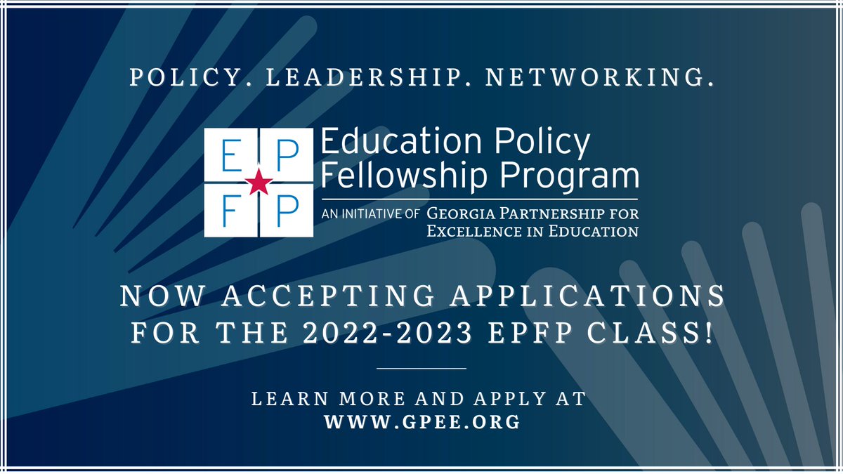 Excited to announce that we are now accepting applications for the 2022-2023 cohort of the Education Policy Fellowship Program. For leaders looking to deepen their understanding of GA's education landscape, this is for you. Learn more: bit.ly/GeorgiaEPFP #GAEPFP <a href="/epfp_iel/">EPFP</a>