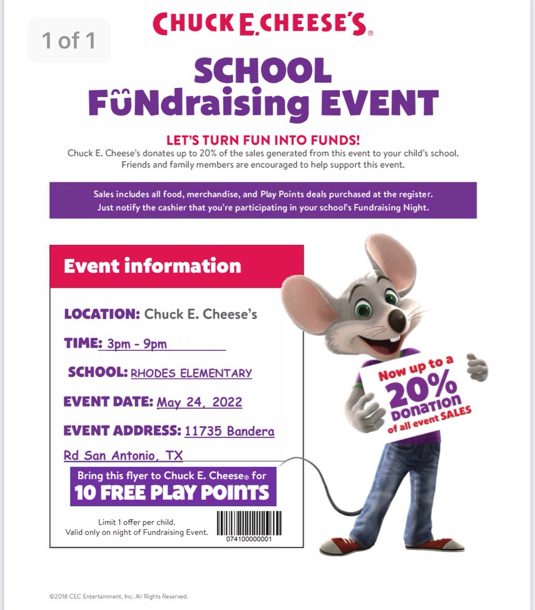 Tonight is Chuck-E-Cheese Spirit Night!!! Come join us for a fun filled time at a Chuck-E-Cheese on Bandera Rd! See attached flier and don’t forget your coupons! Dine out for a great cause—- our school!!!