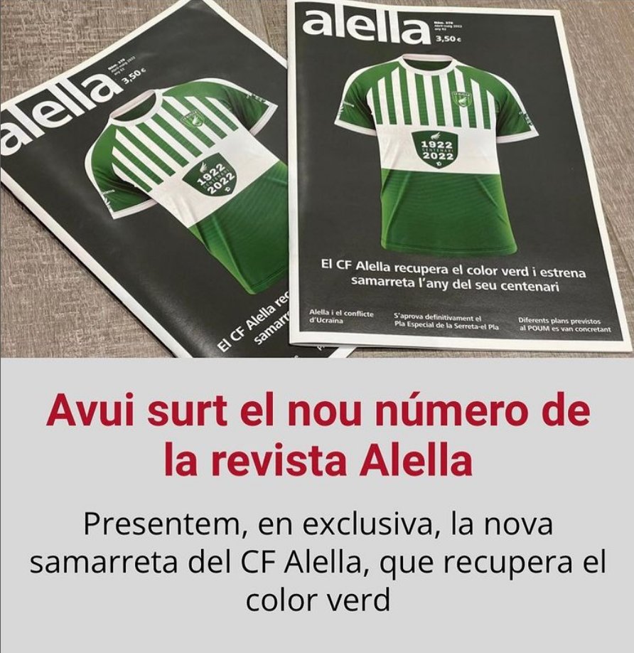 Us tenim una sorpresa preparada! L'any vinent TORNEM AL COLOR VERD per la primera equipació! 🔥⏳😎🟢

La Revista Alella presenta el disseny! 

#cfalella #futbolcat #maresme #esport #futbol #formacio #alella #deporte 

<a href="/RevistaAlella/">Revista Alella</a>