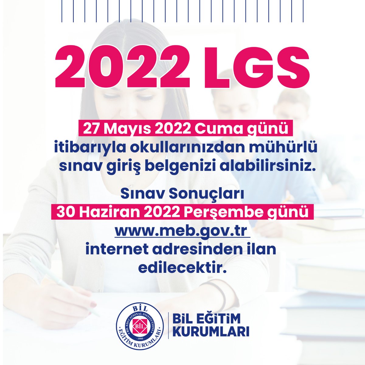 2022 LGS, 5 Haziran 2022 Pazar günü iki oturum hâlinde uygulanacaktır.

🕤 Birinci oturum 09.30'da
📝 50 soru
⌛️ 75 dk.

🕗ikinci oturum 11.30’ da
📝 40 soru
⌛️80 dk.

📃 Sınav giriş belgelerinizi 27 Mayıs Cuma gününden itibaren okullarınızdan mühürlü bir şekilde alabilirsiniz.