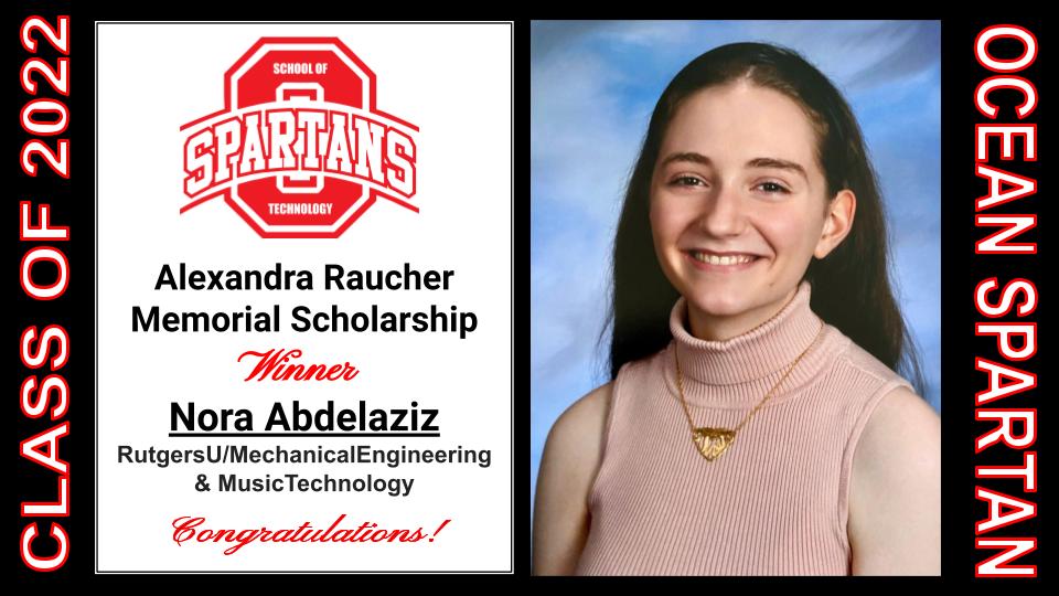 Proud to announce one of the recipients of the 2022 Alexandra Raucher Memorial Scholarship is Nora Abdelaziz! Congratulations to Nora! #SpartanLegacy #RutgersU/MechanicalEngineering&MusicTechnology 
@A_DePasquale48 @MrsDKaszuba @Nmauroedu