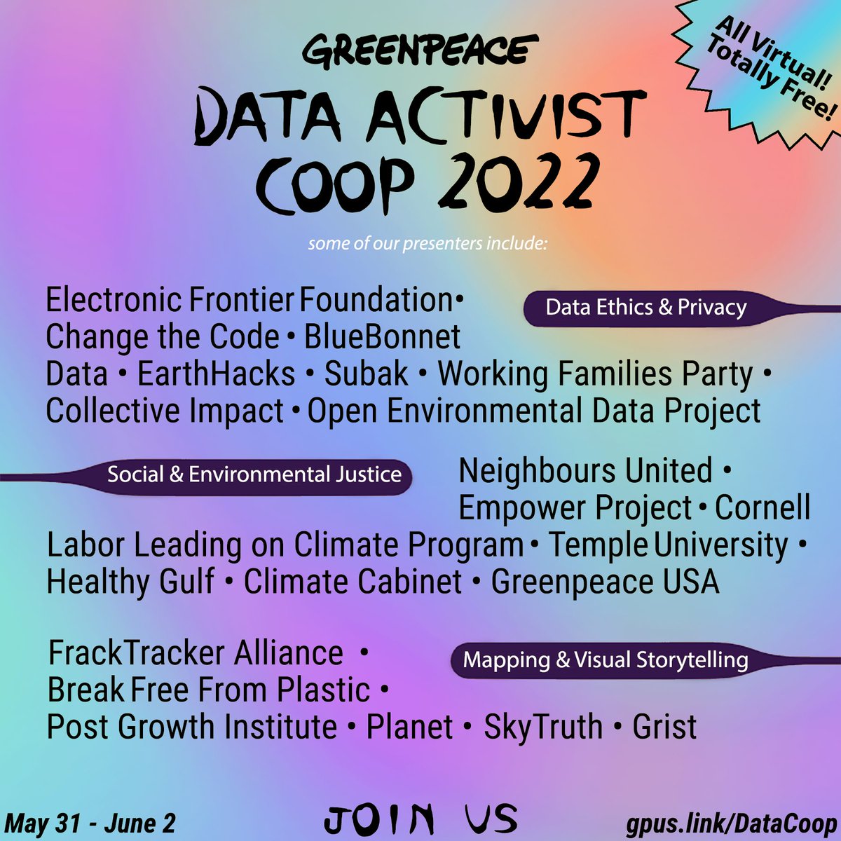 SthLxmn's tweet photo. Finalized lineup of presenters for our upcoming #DataCoop May 31-June 2! From progressive activists to data visualization firms to student-led organizations, our presenters bring a wide array of experience and insight to @GreenpeaceUSA's 2nd #data co-op.
https://t.co/vYahuqfwnt https://t.co/C4gcdwU6vP