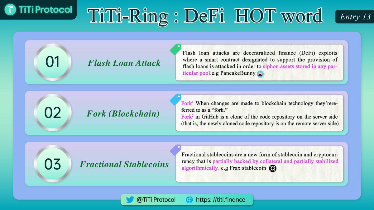TiTiProtocol's tweet photo. Here's the #DeFi terms you need to know🔥
🌟Entry 13 🌟
1⃣ #Flash Loan Attack ❓
2⃣ #Fork ❓
3⃣ Fractional #stablecoins❓
Let's take a look at #TiTiRing👇
#web3 #NFT #defi #Crypto #Metaverse #DAO #Bitcoin #BTC #TiTiProtocol https://t.co/c62PHTLT2B