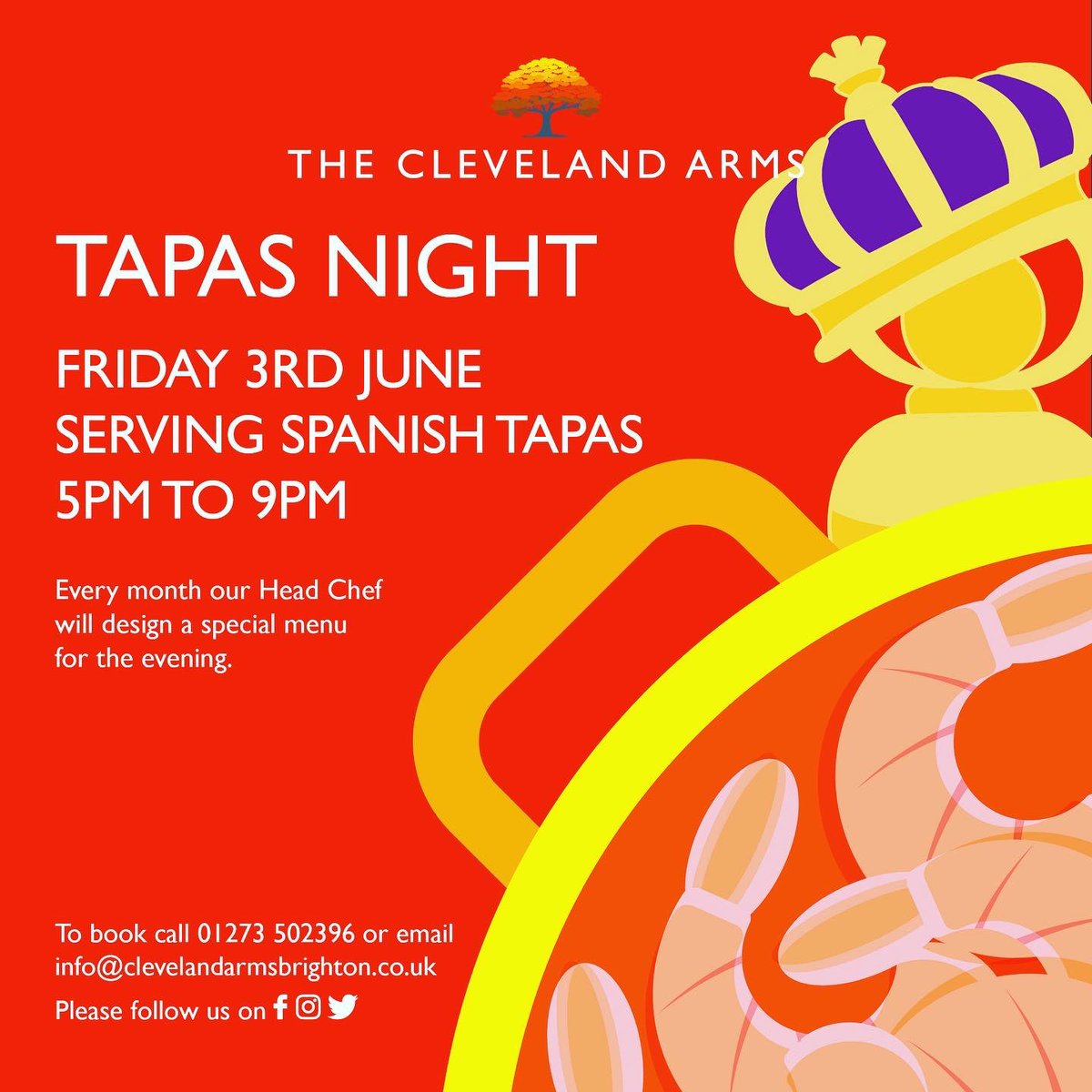 theclevelandbtn's tweet photo. #TapasNight is back! ๐ฆ
Friday 3rd June! 5-9pm
Book now to avoid disappointment... โ๏ธ 01273 502396 or ๐ง... link in bio.
๐ค๐ผthe Costa del Sol weather will be back by then! โ๏ธ๐ค๐ผ
#TapasBrighton #TasteOfSpain #FridayTreat #DateNightBrighton #TapasAtTheCleveland #TheClevelandBtn https://t.co/e52wNBbudk