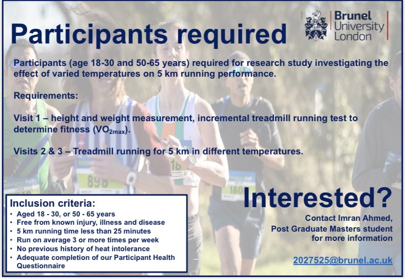 We’re seeking ‘young’ and ‘old’ participants for a research study @bruneluni that seeks to further understand the impact of heat stress on running performance across the life course. 

Please RT and do get in touch if you’re interested in getting involved! 🏃‍♂️🥵🌡