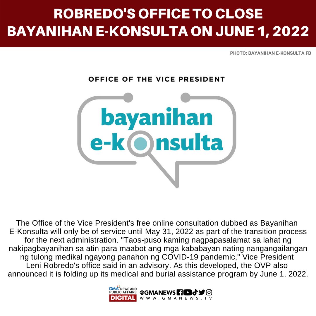 Inanunsyo ng Office of the Vice President na hanggang sa May 31, 2022 na lang ang Bayanihan E-Konsulta bilang parte ng transition process ng bagong administrasyon. 

BASAHIN: gmanetwork.com/news/topstorie…