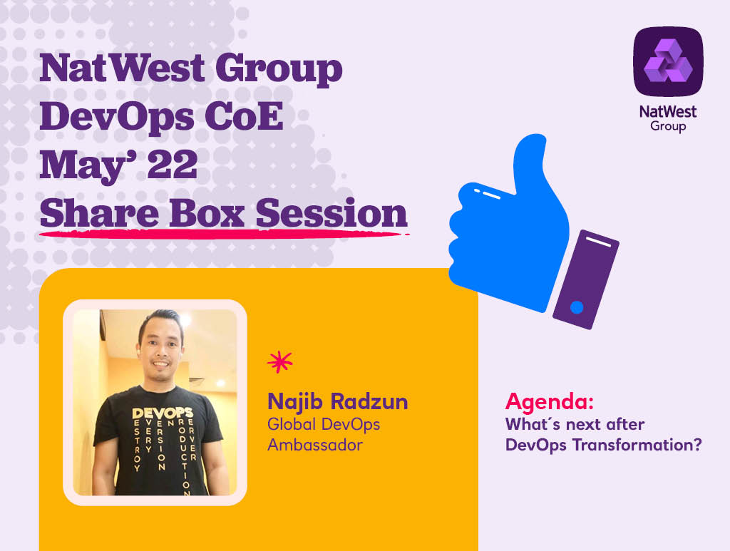 Najib Radzuan - DevOps4Me Global (@devops4me) on Twitter photo It's an honour to be invited by <a href="/NatWestGroup/">NatWest Group</a> #DevOps #CoE to talk for their #MAY, #ShareBoxSession . Thank you <a href="/pareeksiddharth/">Siddharth Pareek</a> for the invite.
#devops #continuouslearning #devopsjourney #stayhuman It's an honour to be invited by <a href="/NatWestGroup/">NatWest Group</a> #DevOps #CoE to talk for their #MAY, #ShareBoxSession . Thank you <a href="/pareeksiddharth/">Siddharth Pareek</a> for the invite.
#devops #continuouslearning #devopsjourney #stayhuman