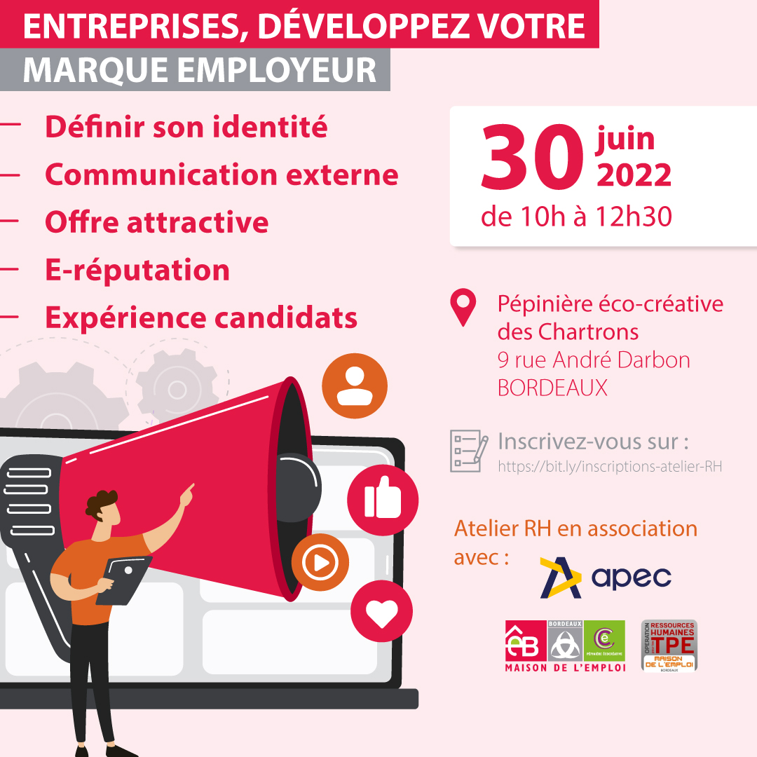 📢 [ATELIER RH] Entreprises, développez votre marque employeur !

📆 30 juin 2022 de 10h à 12h30

📍 Pépinière éco-créative des Chartrons 
9 rue André Darbon, Bordeaux

😀Inscrivez-vous ici : bit.ly/inscriptions-a…

#entreprise #marqueemployeur #communication