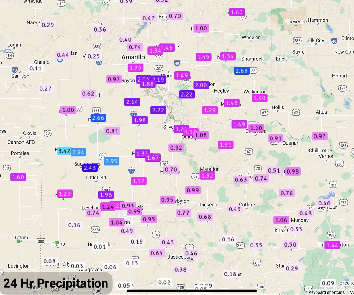 24h totals as of 8:30am 5/24/2022, according to the West Texas Mesonet. There may be more to come in the next day or so. #cotton