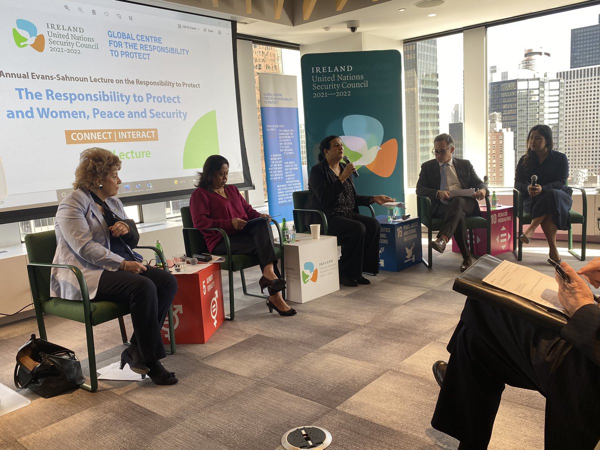 IzsakRita's tweet photo. Thank you @GCR2P and @irishmissionun for hosting the annual #ESlecture yesterday on #R2P and #WPS with @endrapeinwar @ALupel @savita_pawnday and @waiwainu! As the SRSG said “Doubt is justified, despair is not” so our joint work continues! https://t.co/UwrJFy1Ipy