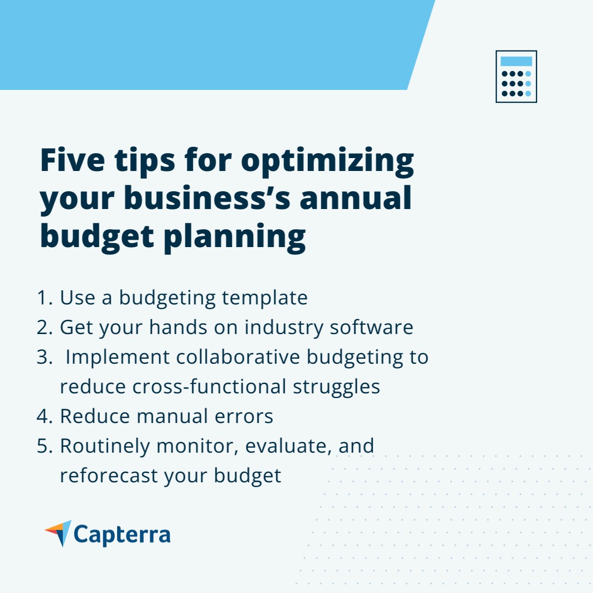 Capterra's tweet image. In order to maintain profitability, as well as competitiveness, your business’s budget planning should include a multi-layered analysis of every department. Here are 5 tips. #budgetplanning #businessbudgeting #budgetingsoftware