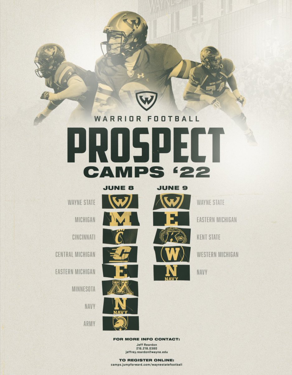 Just over two weeks until our 2022 Warrior Football Prospect Camps! 🗓 June 8th & 9th 📍 Detroit, MI 🕰 Registration @ 2PM GET SIGNED UP TODAY! ⬇️ camps.jumpforward.com/waynestatefoot… #OneWarrior 🔰