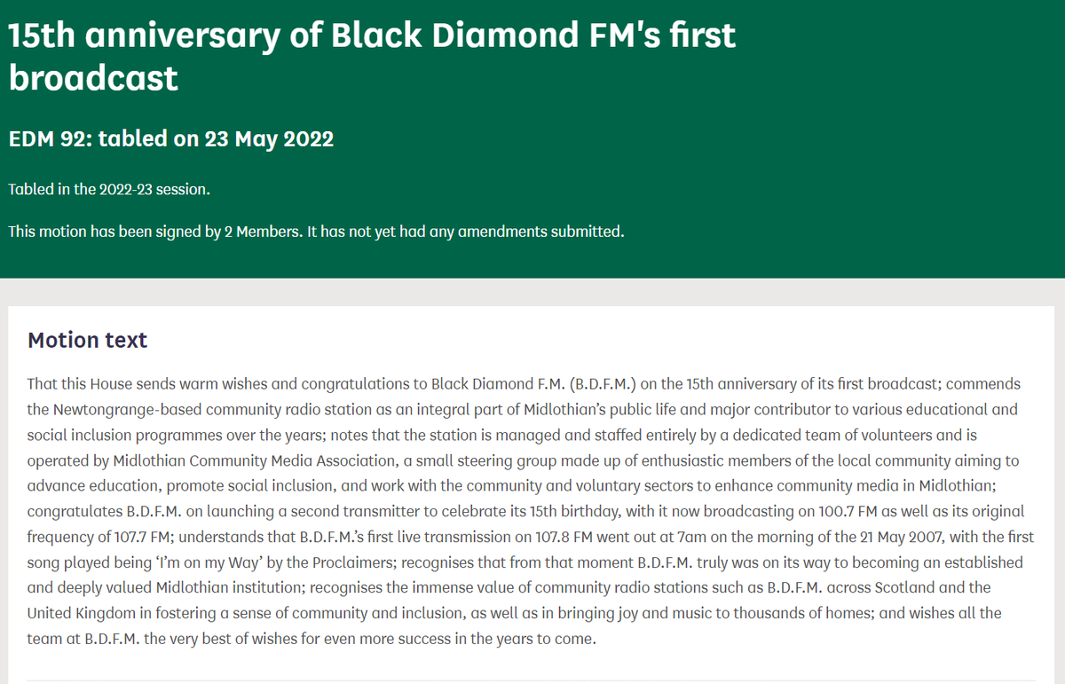 Massive congratulations to <a href="/blackdiamondfm/">Black Diamond FM</a> on the 15th anniversary of their first broadcast last Saturday!

The station is a jewel in Midlothian's crown &amp; I wish its team of volunteers the best for many more years of great radio.

Read my motion to parliament below 👇