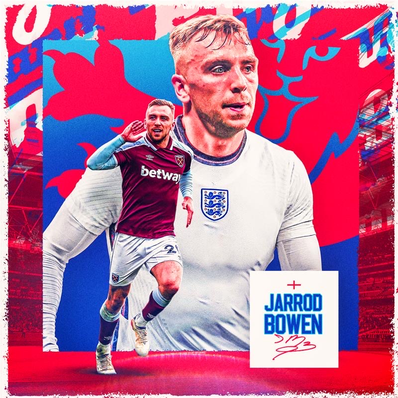 WestHam's tweet photo. Two Hammers in the @England squad ⚒😍

@_DeclanRice is joined by @_JarrodBowen in the #ThreeLions squad for their upcoming #NationsLeague matches.