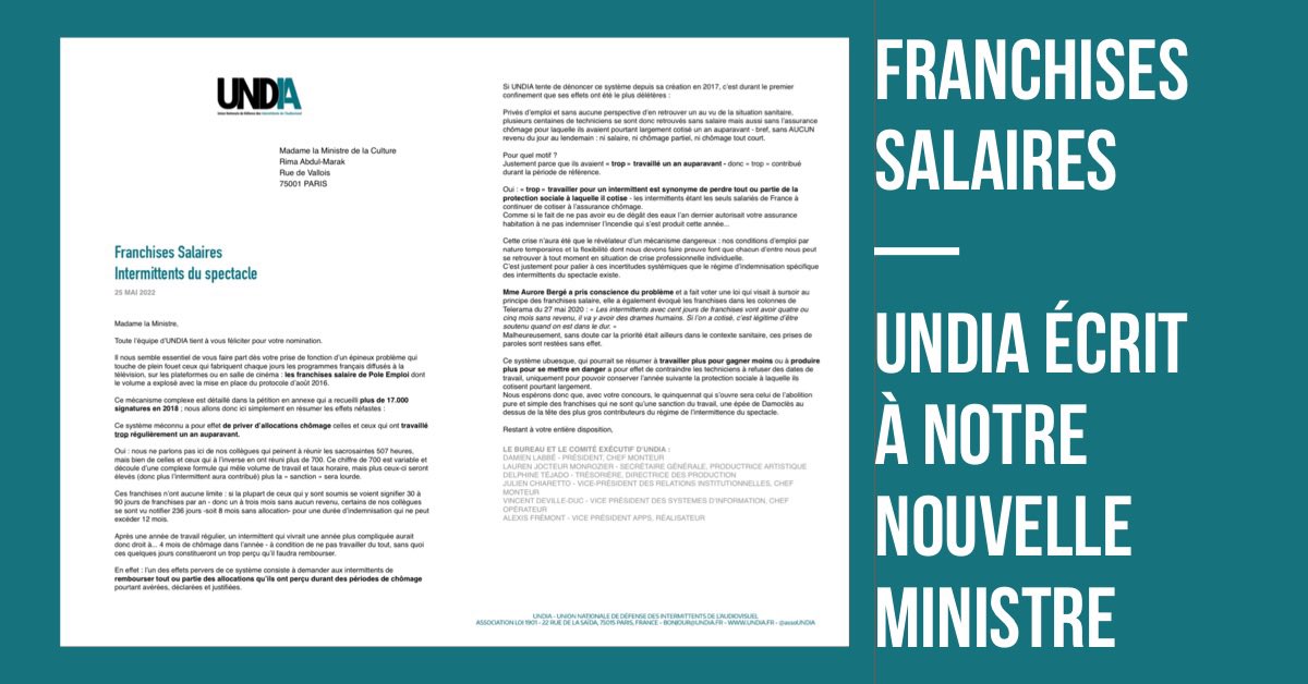 assoUNDiA's tweet photo. Madame @RimaAbdulMalak, 
17.000 signataires, techniciens de l’audiovisuel #intermittentsduspectacle vous demandent l’abolition de cette sanction du travail que sont les franchises salaire. Nous espérons pouvoir travailler avec vous sur ce sujet. 

🔗Lire: https://t.co/7vCBPsfGOo https://t.co/Z53YSStqIP